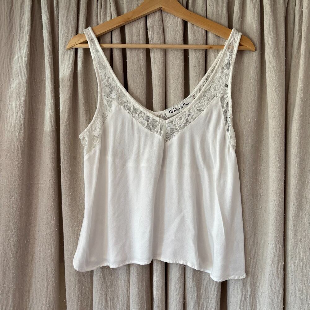White Lace Yoke Cami Tank Top Flowy V-Neck Breezy Resortwear Summer Small